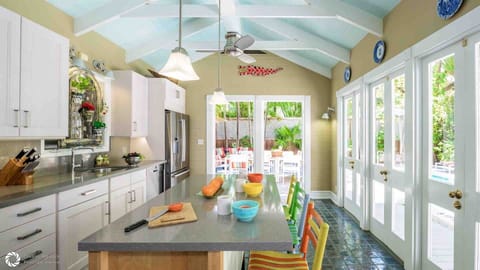 There's additional seating for three at the kitchen bar...