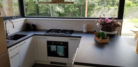 Kitchen equipped with water tap with instant boiling water and 5 gas burners