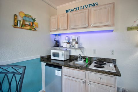 Fully equipped KITCHENETTE with two burner stove, small refrigerator, Microwave oven, and sink.