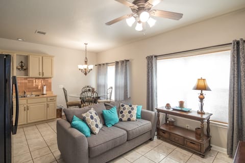 Lower level kitchen, living, dining area