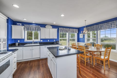 Spacious open kitchen with double ovens and cabinetry