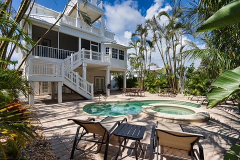 Sun loungers with a view of the private pool and hot tub