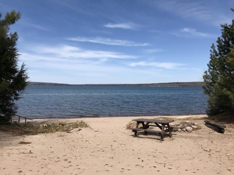 picnic table and fire pit, lake side