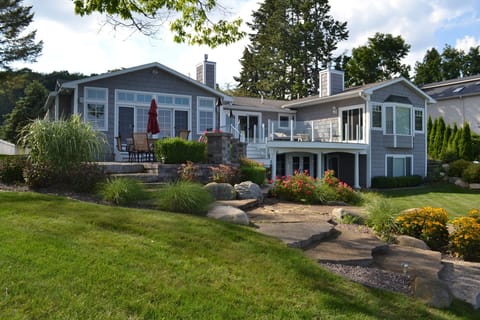 Beautiful multi-level decking overlookg sparkling waters of Grand Traverse Bay