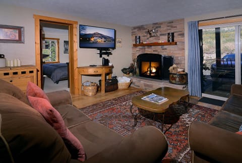 Living room w/wood fireplace, TV