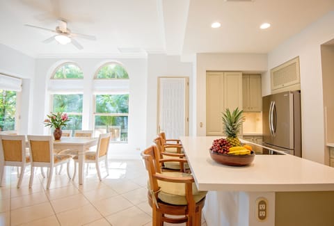 Gourmet kitchen and dining area.