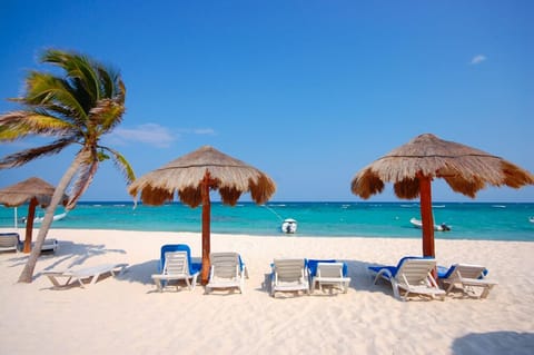 Shade palapas and loungers - Studio 001 Aventuras Akumal beach vacation rental