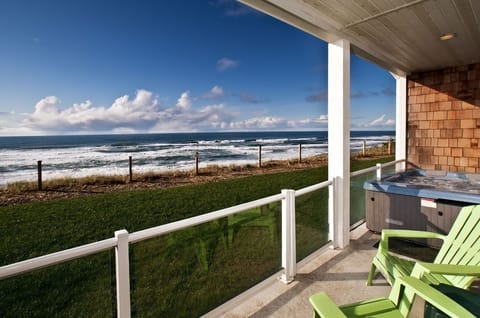 Private patio & hot tub - Hot tub has oceanfront views for spotting the whale spouts
