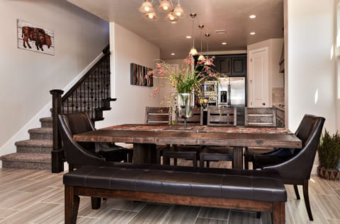 Dining Table - The beautiful wood dining room set can comfortably seat 8 people.