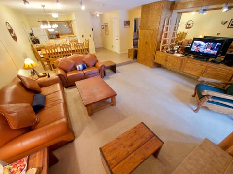 Living Room - Spacious living room that opens up to the dining room area and fully equipped kitchen. The living room has a TV, comfortable sofas, and a cozy fireplace. Sliding doors in the living room lead to the outside, private balcony.