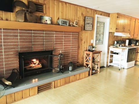 Large wood burning fireplace