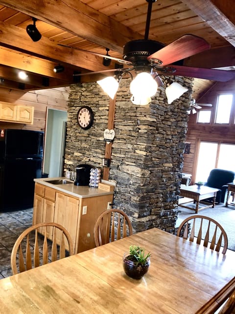 The dining room table seats 8 adults comfortably.