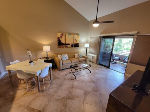 Living area set up with queen sofa sleeper and beautiful view of the grounds