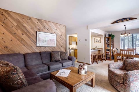 Open but cozy floorplan in the living, dining and kitchen areas.