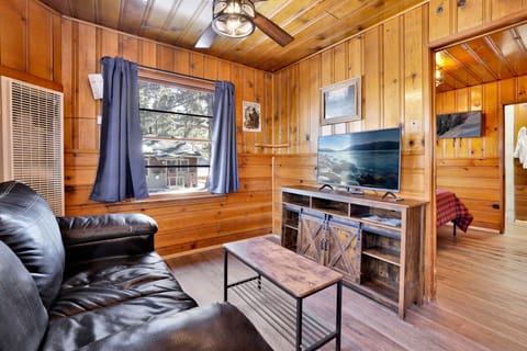 Cozy cabin living room with a comfy seating, and rustic wood details—perfect for relaxing evenings, movie nights, and unforgettable mountain getaways.