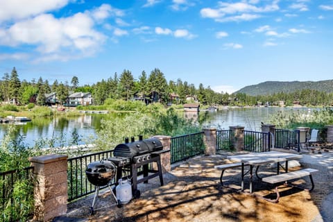 Scenic lakeside outdoor area with BBQ grills, picnic tables, and stunning water views—perfect for cookouts, relaxing afternoons, and unforgettable stays surrounded by nature.