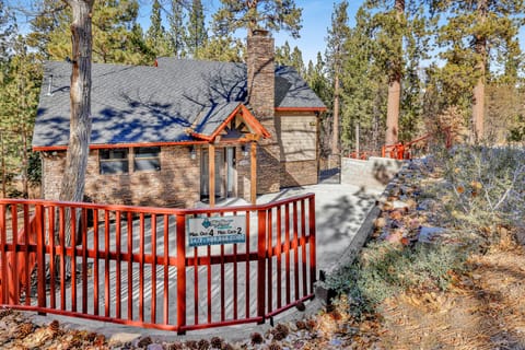 The main entrance of the cabin features a fenced-in concrete patio area, rustic stone accents, and a charming gabled porch roof nestled among mature pine trees.