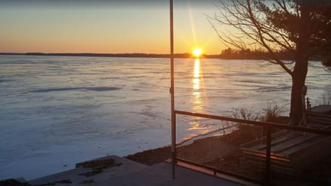 Lake frozen over during winter. Great ice fishing spot