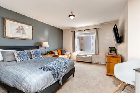 Cozy studio with queen bed, sofa, TV, and lovely window view.