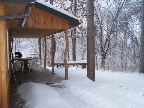 winter scene, entrance to cabin, west side covered porch