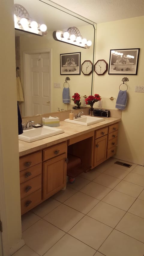 Spacious bathroom with double sinks. Not pic: Double headed shower, oversized.