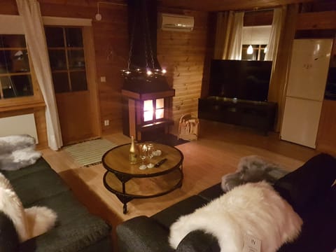 A comfortable living room with a fireplace. 