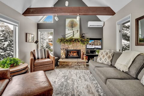 Living area with 2 leather chairs, sofabed (2020),gas fireplace (2022), smart tv