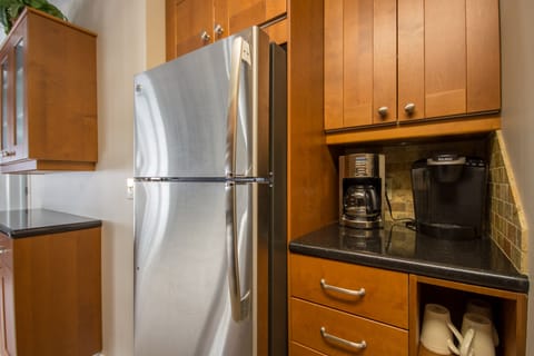 Kitchen with stainless fridge & coffee center -regular & KEURIG coffeemaker