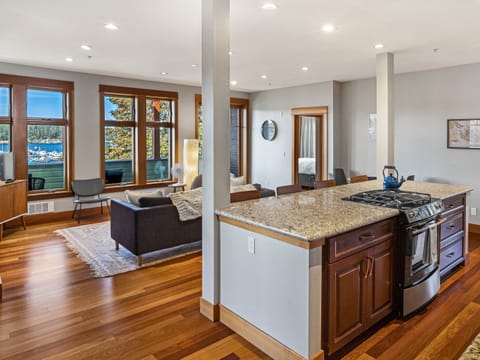Kitchen and living area with harbor view