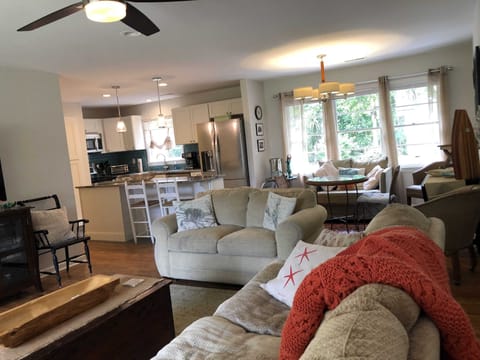 Large fold out sofa; drop leaf table for extra dining space