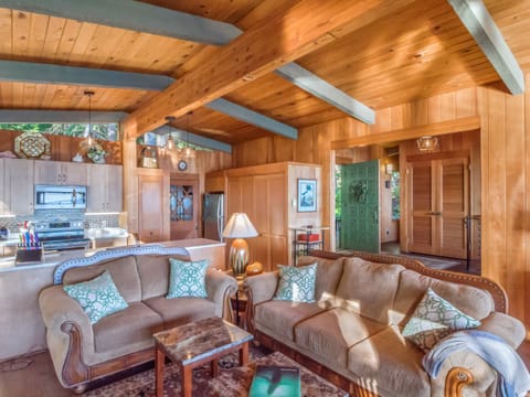 Comfortable living room with kitchen shown behind