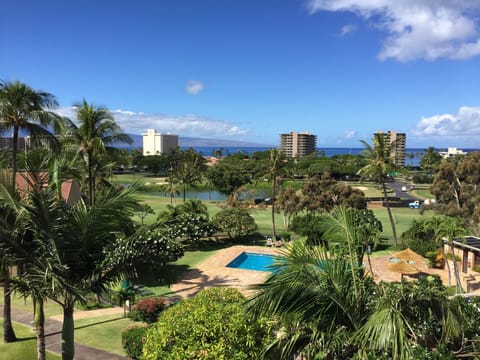 Oceanview from lanai. Lana'i island and golf course.