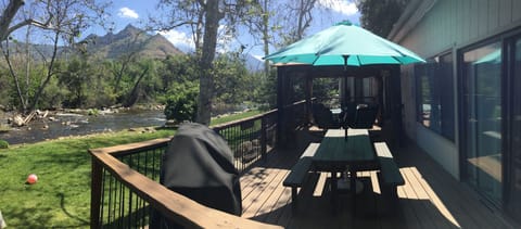 Two tables one, propane BBQ, umbrella gazebo with mosquito netting