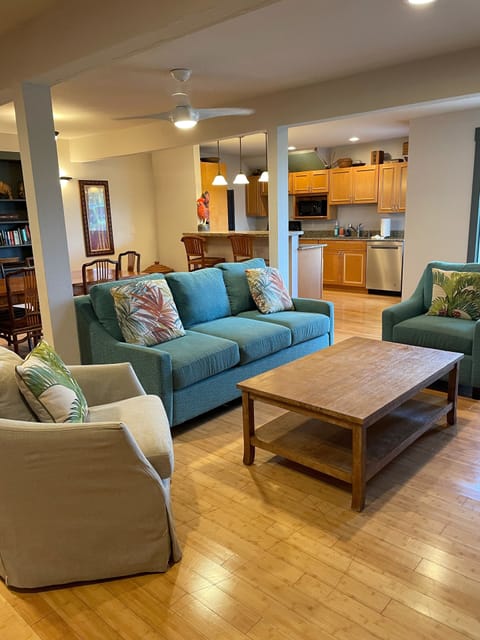 Downstairs living area with view toward kitchen