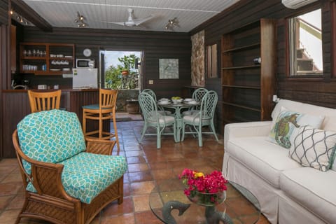 view from other end of room toward front door into Conch Villa gardens.