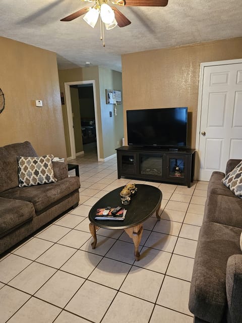 Living room with electric fireplace.
