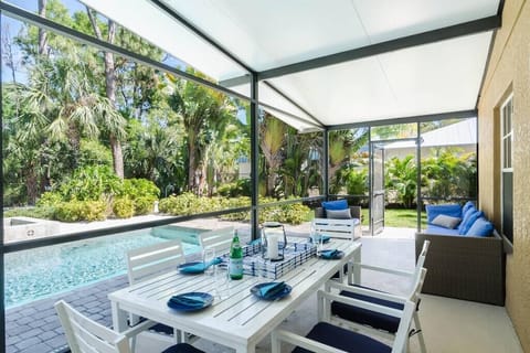 With a large covered patio area perfect for dining outdoors on the seating for 10 or perhaps just a sipping a drink on the outdoor furniture and taking in the beautiful resort like backyard