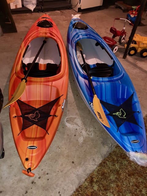 Two kayaks and a paddle boat for your use