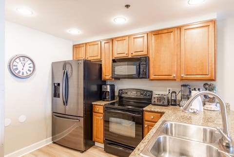 Fully stocked kitchen.