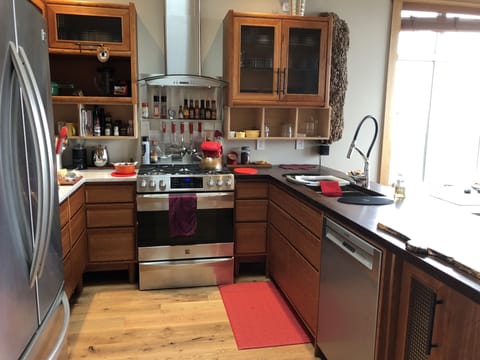 Everything including the kitchen sink.  Full-size fridge; gas stovetop/oven.
