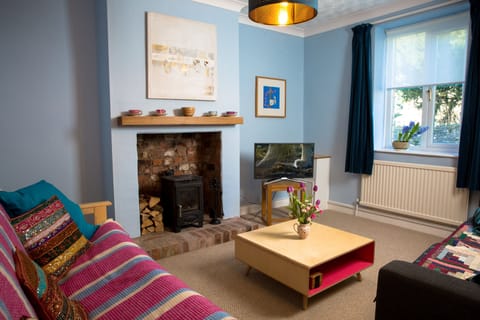 Comfortable living room with woodburner and sofa bed