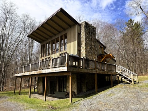 Modern mountain retreat featuring stone and wood architecture, nestled among bare winter trees with spacious deck overlooking natural landscape.