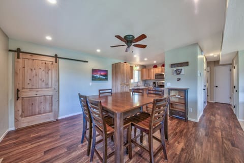 This high dining table looks great, seats the whole fam (8 total), and is perfect for eating a meal or playing cards