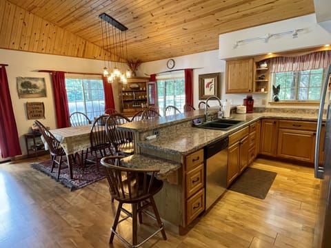 Dining at kitchen bar, dining table, and outdoor patio table