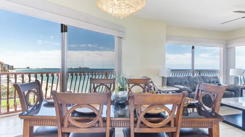 The dining table seats six.