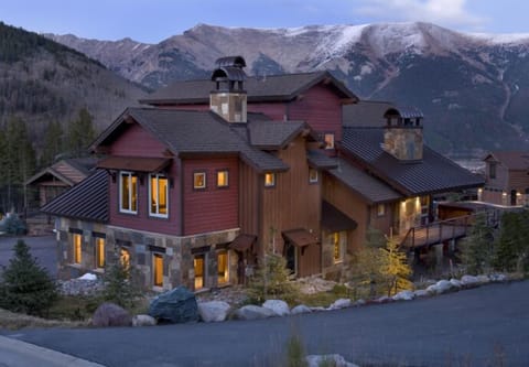 Exterior view of the home at dusk.