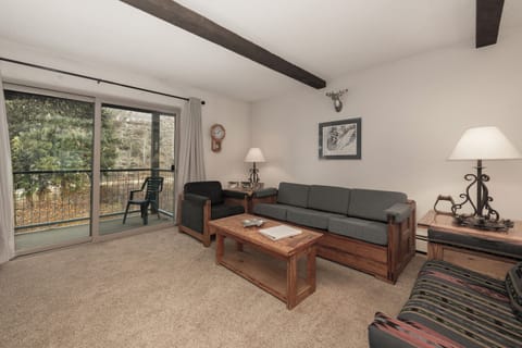 Relax in your cozy living space with rustic wood beams, comfortable seating, and balcony access overlooking peaceful surroundings.