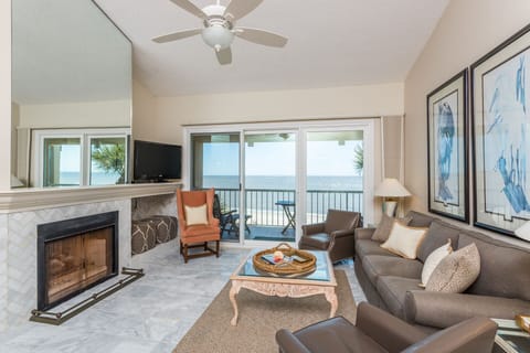 Ocean front living room/14 foot ceilings/marble flooring/herringbone fireplace