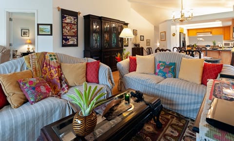 The couches are comfortable and inviting, perfect for kicking your feet up at the end of a long day spent exploring the island!