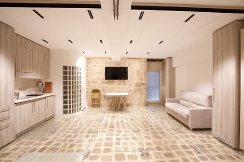 Spacious living-room with queen-size sofa-bed and dining table